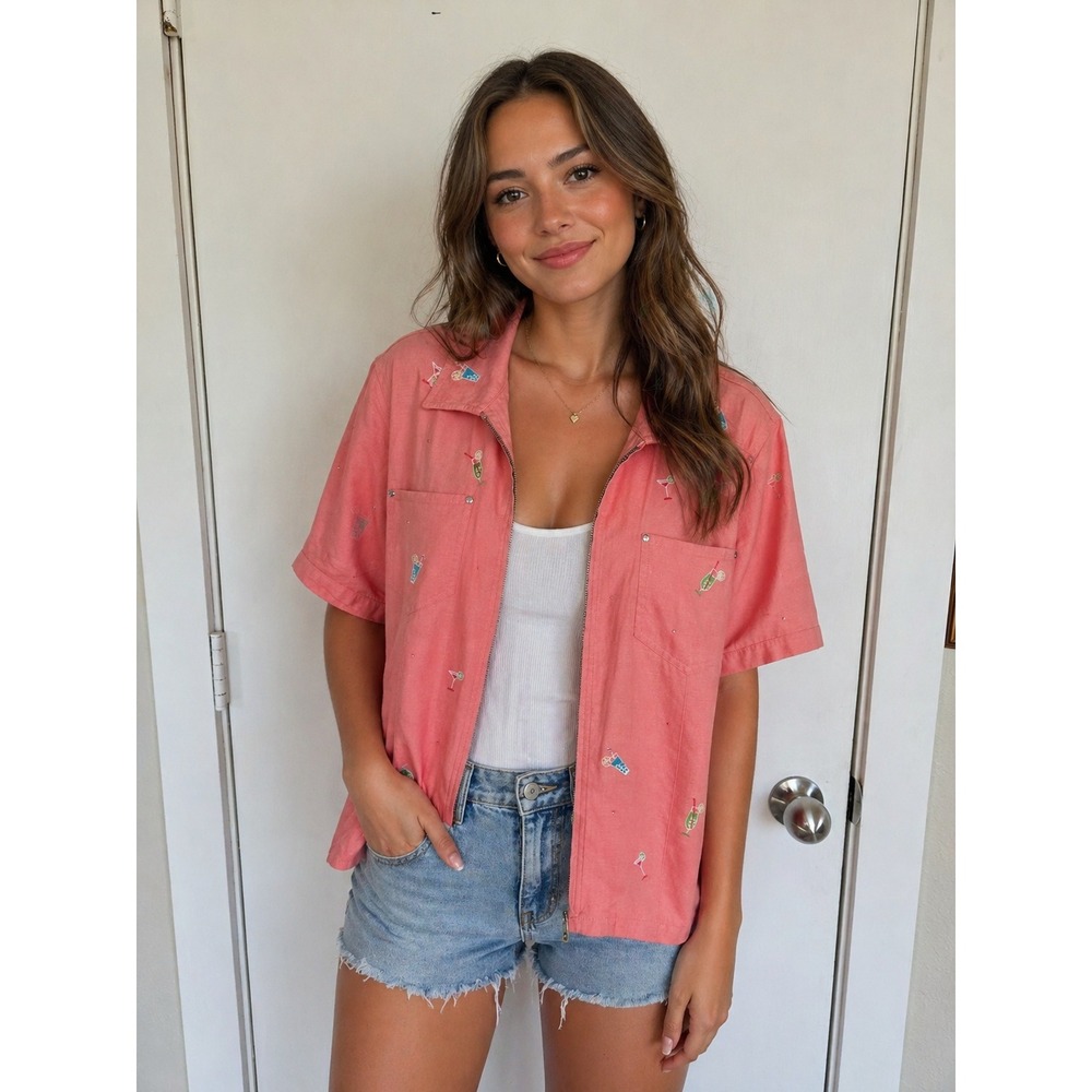Quacker Factory Zip Up Shirt Womens Medium Pink Cocktail Embroidered
